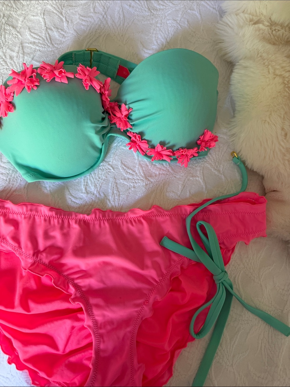 Victoria's Secret Turquoise Bikini with Neon Pink Floral Accents